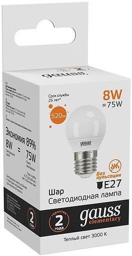 Лампа светодиодная Gauss Elementary 8Вт цок.:E27 шар 220B 3000K св.свеч.бел.теп. (упак.:10шт) (53218) фото 3