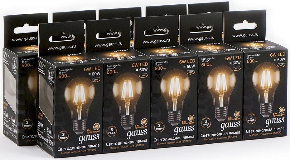 Лампа филам. Gauss 6Вт цок.:E27 шар 220B 2700K св.свеч.бел.теп. A60 (упак.:10шт) (102802106) фото 5