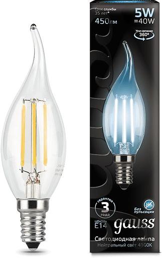 Лампа филам. Gauss Filament 5Вт цок.:E14 свеча 220B 4100K св.свеч.бел.нейт. (упак.:10шт) (104801205) фото 1
