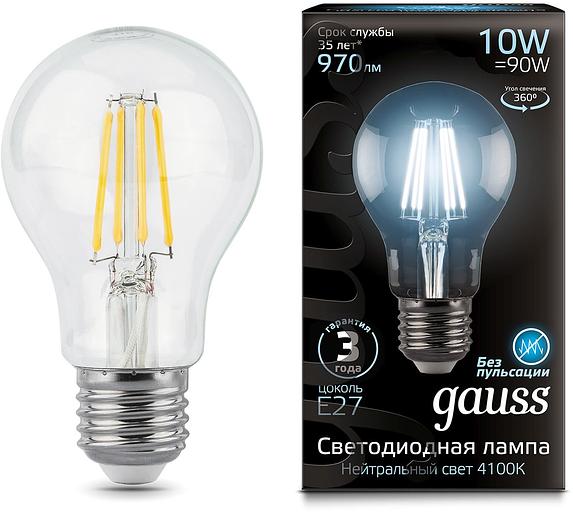 Лампа филам. Gauss 10Вт цок.:E27 шар 220B 4100K св.свеч.бел.нейт. A60 (упак.:10шт) (102802210) фото 2