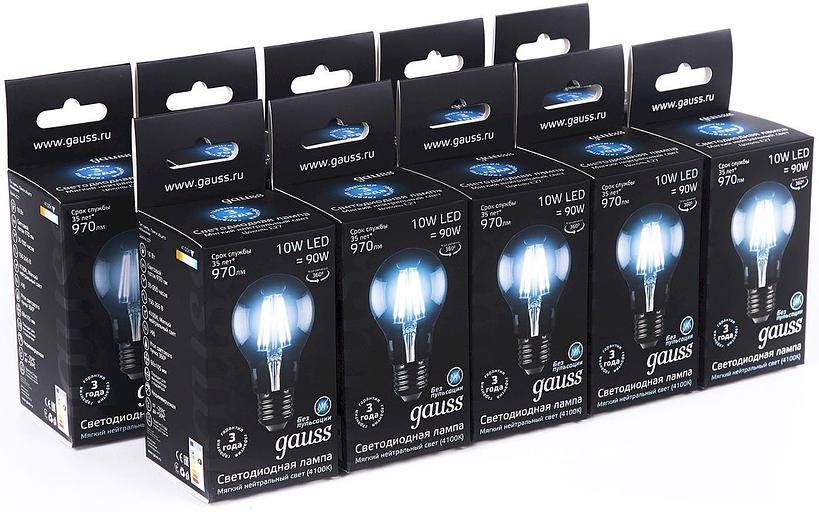 Лампа филам. Gauss 10Вт цок.:E27 шар 220B 4100K св.свеч.бел.нейт. A60 (упак.:10шт) (102802210) фото 4