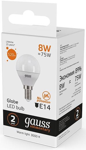 Лампа светодиодная Gauss Elementary 12Вт цок.:E14 шар 220B 4100K св.свеч.бел.нейт. (упак.:10шт) (53122) фото 4