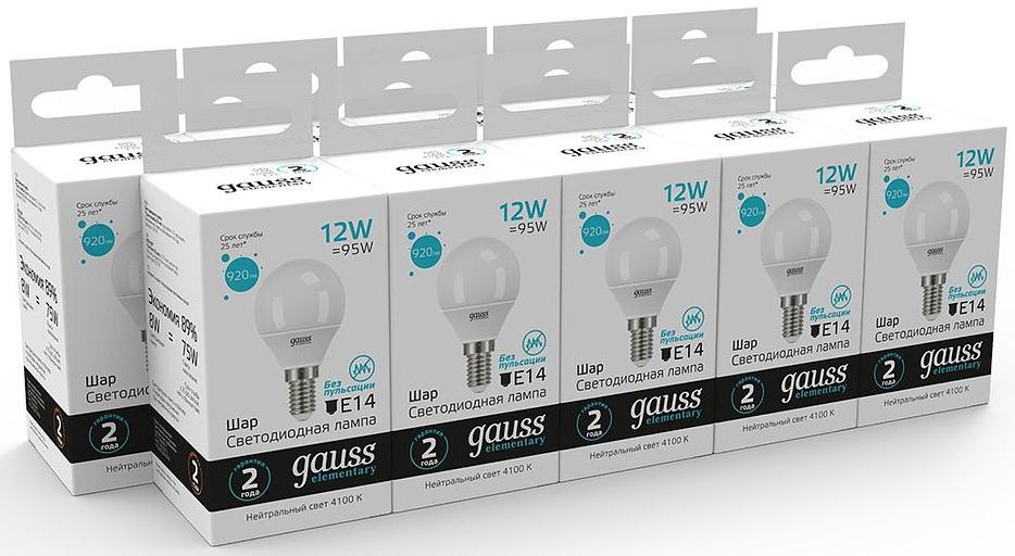 Лампа светодиодная Gauss Elementary 12Вт цок.:E14 шар 220B 4100K св.свеч.бел.нейт. (упак.:10шт) (53122) фото 6