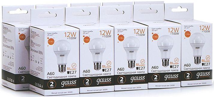 Лампа светодиодная Gauss Elementary 12Вт цок.:E27 груша 220B 3000K св.свеч.бел.теп. A60 (упак.:10шт) (23212) фото 2