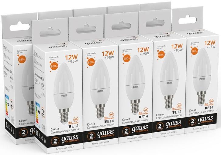 Лампа светодиодная Gauss Elementary 12Вт цок.:E14 свеча 220B 3000K св.свеч.бел.теп. C37 (упак.:10шт) (33112) фото 6