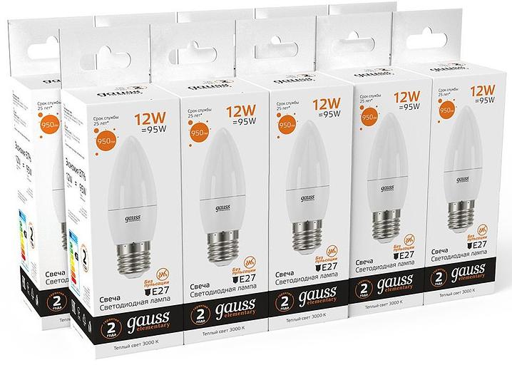 Лампа светодиодная Gauss Elementary 30212 12Вт цок.:E27 свеча 220B 3000K св.свеч.бел.теп. (упак.:10шт) фото 5
