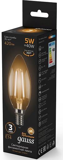 Лампа филам. Gauss 5Вт цок.:E14 свеча 220B 2700K св.свеч.бел.теп. C37 (упак.:10шт) (103801105) фото 5