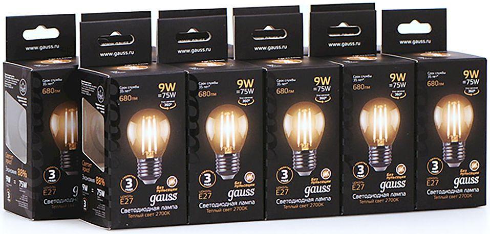 Лампа филам. Gauss 9Вт цок.:E27 шар 220B 2700K св.свеч.бел.теп. G45 (упак.:10шт) (105802109) фото 5