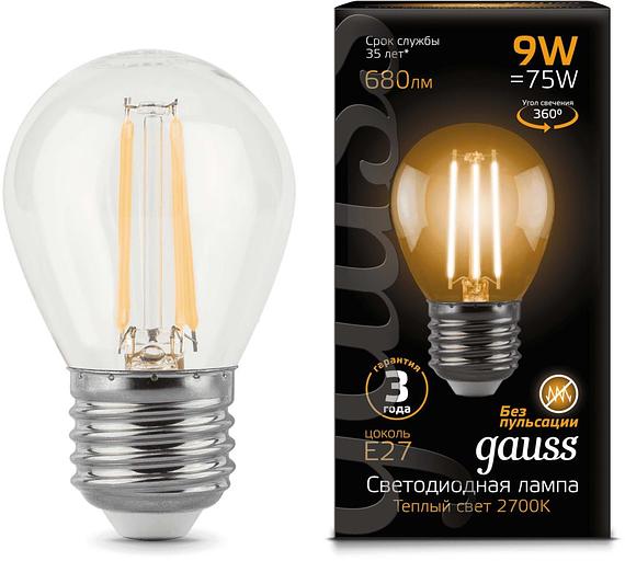 Лампа филам. Gauss Filament 9Вт цок.:E27 шар 220B 2700K св.свеч.бел.теп. P45 (упак.:1шт) (105802109) фото 1