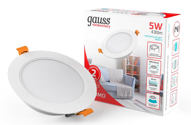 Светильник Gauss Elementary Downlight 5Вт 4000K белый круглый (9100420205) фото 1