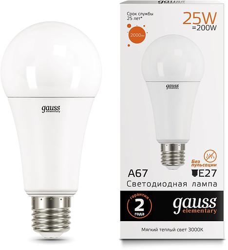Лампа светодиодная Gauss Elementary 25Вт цок.:E27 груша 220B 3000K св.свеч.бел.теп. A67 (упак.:10шт) (73215) фото 1