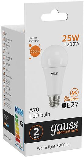 Лампа светодиодная Gauss Elementary 25Вт цок.:E27 груша 220B 3000K св.свеч.бел.теп. A67 (упак.:10шт) (73215) фото 4