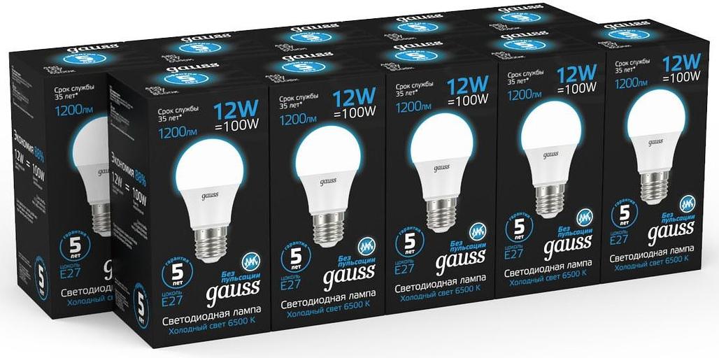 Лампа светодиодная Gauss 102502312 12Вт цок.:E27 груша 220B 6500K св.свеч.бел.хол. (упак.:10шт) фото 5