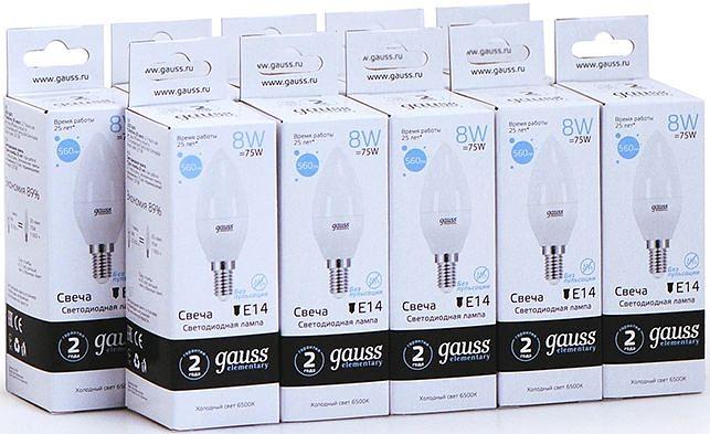Лампа светодиодная Gauss Elementary 8Вт цок.:E14 свеча 220B 6500K св.свеч.бел.хол. C37 (упак.:10шт) (33138) фото 1