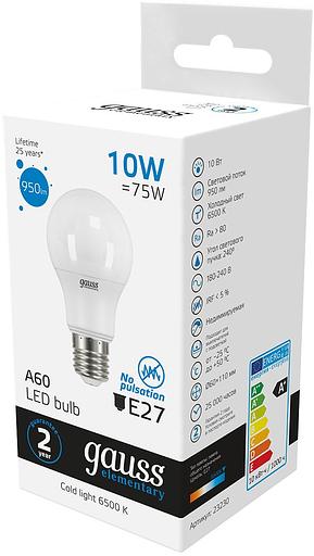 Лампа светодиодная Gauss Elementary 10Вт цок.:E27 груша 220B 6500K св.свеч.бел.хол. A60 (упак.:10шт) (23230) фото 3