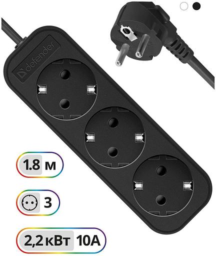 Сетевой удлинитель Defender M318 1.8м (3 розетки) черный (коробка) фото 2