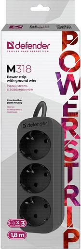 Сетевой удлинитель Defender M318 1.8м (3 розетки) черный (коробка) фото 4