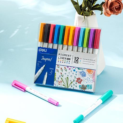 Набор ручек капилляр. Deli Inspira (EU302) d=0.5мм ассор. черн. игловидный пиш. наконечник линия 1.0мм 12цв. фото 4