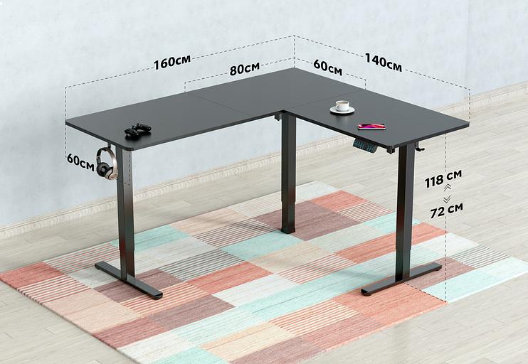 Стол для компьютера Cactus угловой подъёмный столешница МДФ черный каркас черный 140х72х60см (CS-EDXL-BBK) фото 3