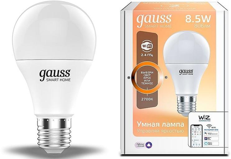 Умная лампа Gauss IoT Smart Home E27 8.5Вт 806lm Wi-Fi (упак.:1шт) (1050112) фото 1