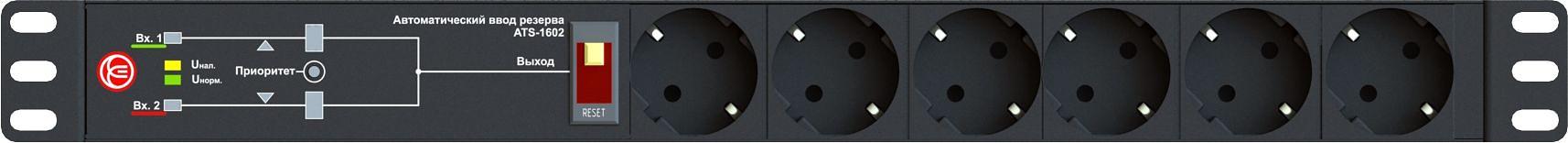 АВР Elemy ATS-1602 1U 19" ввод:2xIEC C14 выход:6xSchuko8A черный фото 1