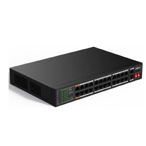 DAHUA DH-SF1026LP 26-портовый неуправляемый коммутатор с РоЕ, 24xRJ45 100Mb, 2xRJ45 1Gb, суммарно до 190Вт, коммутационная ёмкость 8.8 Гбит/с, передача пакетов 5.55 Мпак/с, таблица МАС-адресов 8K фото 1