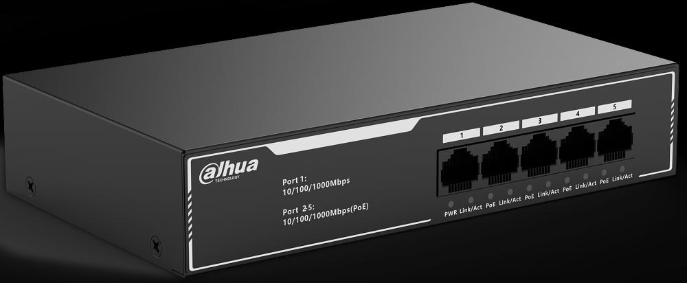 DAHUA DH-SG1005LP 5-портовый гигабитный неуправляемый коммутатор c PoE, 5xRJ45 1Gb, суммарно до 36Вт, коммутационная ёмкость 10 Гбит/с, передача пакетов 7.44 Мпак/с, таблица МАС-адресов 2K, металл фото 1
