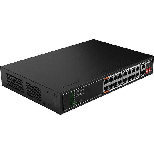 DAHUA DH-SF1018LP 18-портовый неуправляемый коммутатор с РоЕ, 16xRJ45 100Mb PoE, 2xRJ45 1Gb, суммарно 135Вт, коммутация 7.2 Гбит/с, MAC-таблица 8К, металл фото 1
