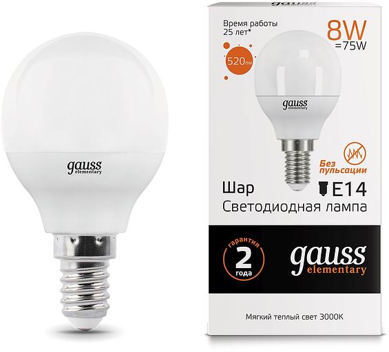 Лампа светодиодная Gauss 8Вт цок.:E14 шар 220B 3000K св.свеч.бел.теп. G45 (упак.:1шт) (53118) фото 1
