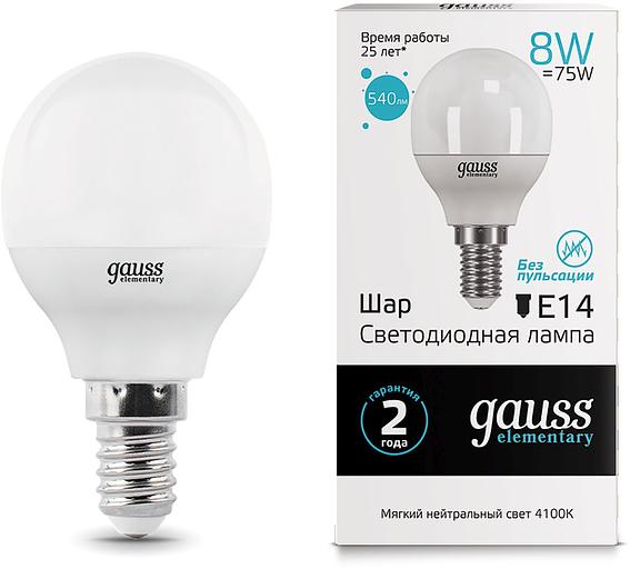 Лампа светодиодная Gauss 8Вт цок.:E14 шар 220B 4100K св.свеч.бел.нейт. G45 (упак.:1шт) (53128) фото 1
