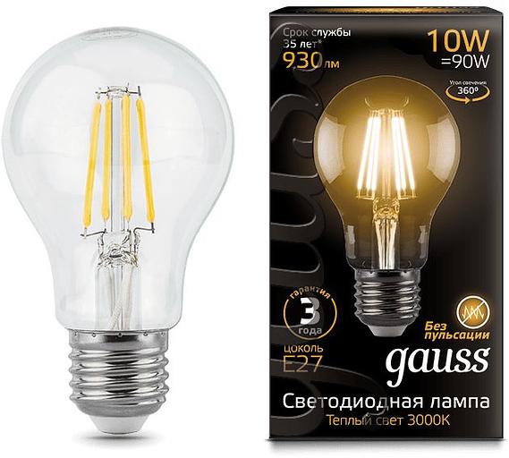 Лампа филам. Gauss Filament A60 10Вт цок.:E27 груша 220B 2700K св.свеч.бел.теп. (упак.:1шт) (102802110) фото 1