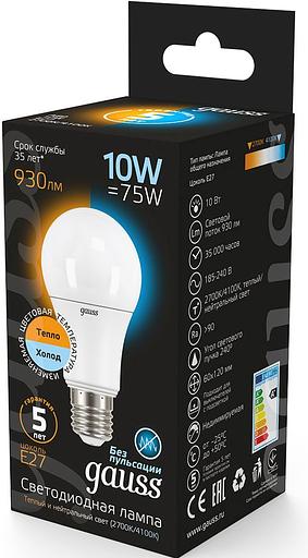 Лампа светодиодная Gauss A60 10Вт цок.:E27 груша 220B 2700K св.свеч.бел.теп. (упак.:1шт) (102502110-T) фото 3