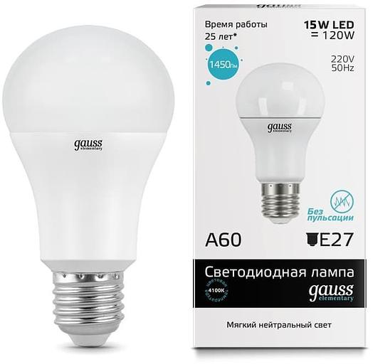Лампа светодиодная Gauss Elementary 15Вт цок.:E27 груша 220B 4100K св.свеч.бел.нейт. A60 (упак.:1шт) (23225) фото 1