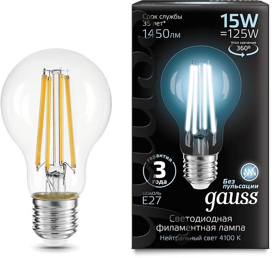 Лампа светодиодная Gauss Filament 102902215 15Вт цок.:E27 груша 220B 4100K св.свеч.бел.нейт. (упак.:1шт) фото 1