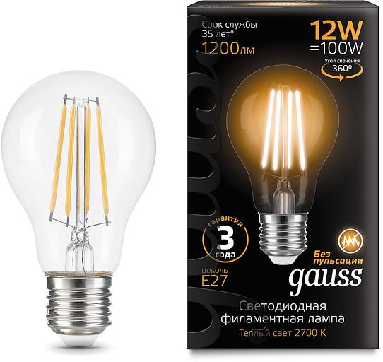 Лампа светодиодная Gauss Filament 102902112 12Вт цок.:E27 груша 185B 2700K св.свеч.бел.теп. грушевидная (упак.:1шт) фото 1