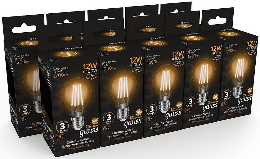 Лампа светодиодная Gauss Filament 102902112 12Вт цок.:E27 груша 185B 2700K св.свеч.бел.теп. грушевидная (упак.:1шт) фото 5