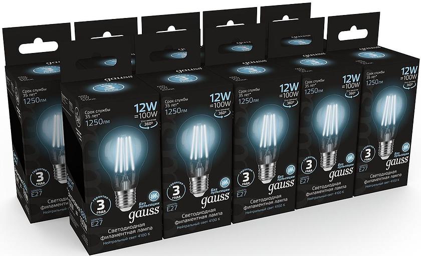 Лампа светодиодная Gauss Filament 102902212 12Вт цок.:E27 груша 185B 4100K св.свеч.бел.нейт. грушевидная (упак.:1шт) фото 5
