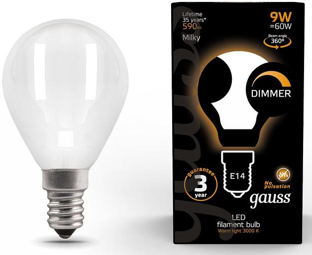 Лампа светодиодная Gauss Filament 105201109-D 9Вт цок.:E14 шар 220B 3000K св.свеч.бел.теп. (упак.:10шт) фото 1