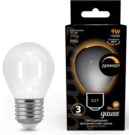 Лампа светодиодная Gauss Filament 105202109-D 9Вт цок.:E27 шар 220B 3000K св.свеч.бел.теп. (упак.:10шт) фото 1