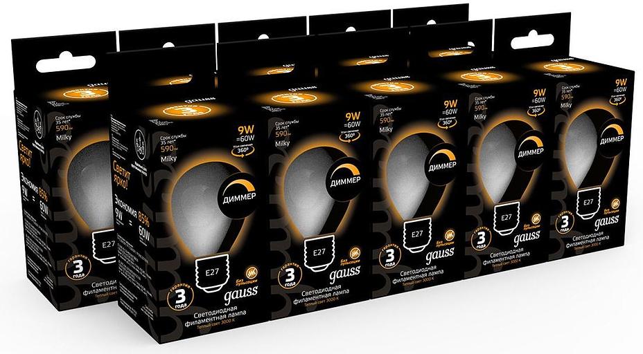 Лампа светодиодная Gauss Filament 105202109-D 9Вт цок.:E27 шар 220B 3000K св.свеч.бел.теп. (упак.:10шт) фото 5