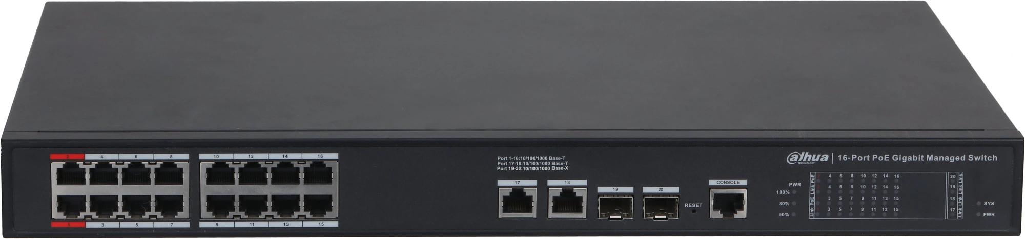 DAHUA DH-S4220-16GT-240 20-портовый гигабитный управляемый коммутатор с PoE, уровень L2, 16xRJ45 1Gb PoE, 2xRJ45 1Gb, 2xSFP 1Gb, суммарно до 240Вт, коммутация 56 Гбит/с, MAC-таблица 8к, металл фото 2