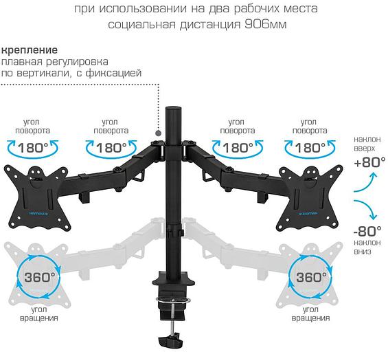 Кронштейн для мониторов Kromax CASPER-508 черный 10"-32" макс.10кг настольный поворот и наклон фото 7