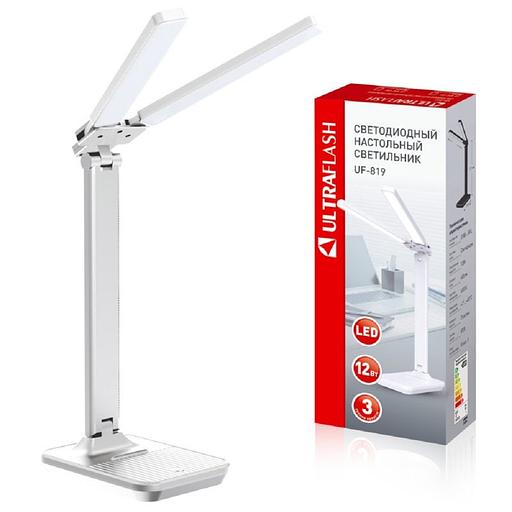 Ultraflash UF-819 C01 белый (Led, светильник настольный, 12Вт, 6000К, 3 ур.яркости, 2 плафона, кожа) фото 1