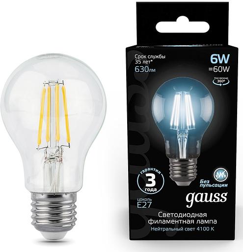 Лампа филам. Gauss Filament A60 6Вт цок.:E27 груша 220B 4100K св.свеч.бел.нейт. (упак.:1шт) (102802206) фото 1