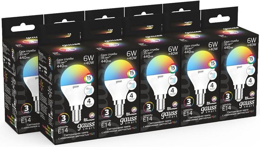 Лампа светодиодная Gauss 105101406 6Вт цок.:E14 шар 220B св.свеч.RGB (упак.:1шт) фото 5