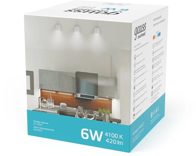 Светильник светодиодный накладной LED ДПО 6 Вт 420 Лм 4100К IP20 d68х75 мм монт d68 мм Overhead Gauss Gauss HD022 фото 4