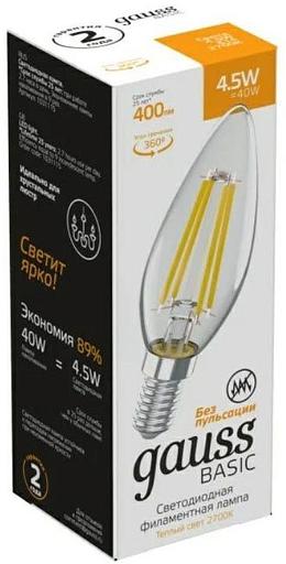 Лампа светодиодная Gauss Basic 1031115 4.5Вт цок.:E14 свеча 220B 2700K св.свеч.бел.теп. (упак.:10шт) фото 2