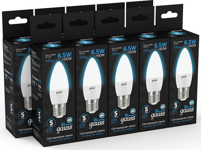 Лампа светодиодная Gauss 103102307 6.5Вт цок.:E27 свеча 220B 6500K св.свеч.бел.хол. (упак.:10шт) фото 5