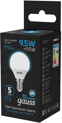 Лампа светодиодная Gauss 105101310 9.5Вт цок.:E14 шар 220B 6500K св.свеч.бел.хол. (упак.:10шт) фото 4