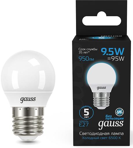 Лампа светодиодная Gauss 105102310 9.5Вт цок.:E27 шар 220B 6500K св.свеч.бел.хол. (упак.:10шт) фото 1